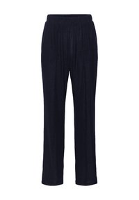 Tamno plave, široke hlače napravljene od mekog, teksturiranog materijala s elastičnom gumicom i opuštenim krojem kroz nogavice.