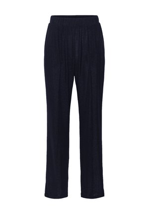 Tumesinine, laiad püksid pehmest, tekstuurse materjaliga, millel on elastne vöökoht ja mugav lõige jalgades.