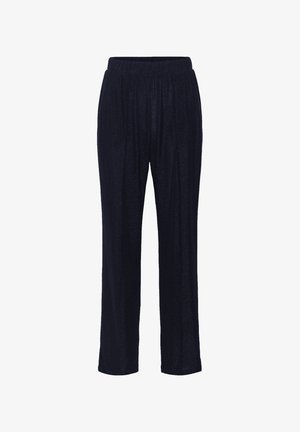 Tumesinine, laiad püksid pehmest, tekstuurse materjaliga, millel on elastne vöökoht ja mugav lõige jalgades.