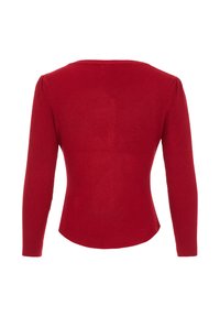 Rotes, geripptes Langarmoberteil mit rundem Halsausschnitt und figurbetonter Silhouette. Verfügt über ein strukturiertes Strickmuster und leicht puffierte Schulternähte.