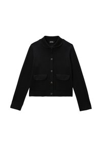 Cardigan noir avec un col, fermeture �à boutons et deux poches avant. Fabriqué en matériau texturé, design court avec des manches longues.