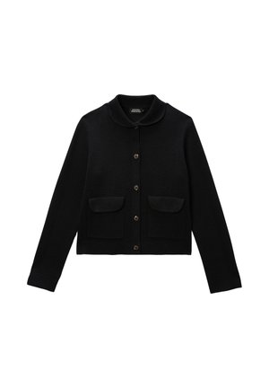 Cardigan noir avec un col, fermeture à boutons et deux poches avant. Fabriqué en matériau texturé, design court avec des manches longues.