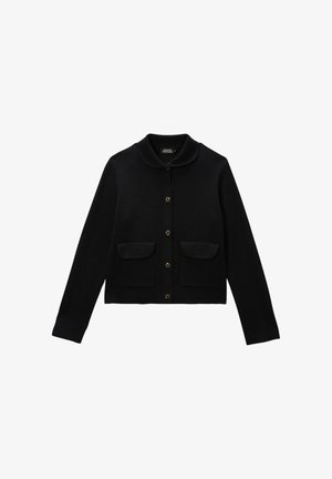 Cardigan noir avec un col, fermeture à boutons et deux poches avant. Fabriqué en matériau texturé, design court avec des manches longues.