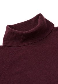 Burgundowa bluzka z golfem wykonana z materiału o prążkowanej strukturze, z wysoką kołnierzem i gładką fakturą, o dopasowanym kroju.