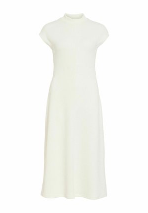Bela midi obleka brez rokavov z visokim ovratnikom in rahlim razširitvijo na spodnjem robu, izdelana iz rebraste tkanine.