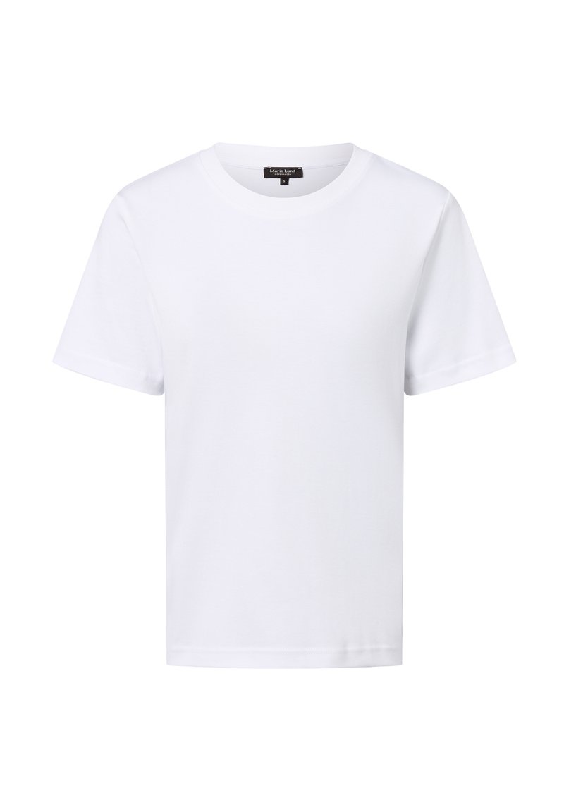 T-shirt bianco corto a maniche corte con scollatura rotonda, cuciture visibili e una piccola etichetta nera all'interno del colletto.