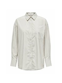 Chemise à rayures en crème clair et tons gris, dotée d'un col, de manches longues et d'une poche poitrine unique. Texture du tissu lisse.