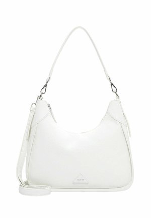 Hvid halvmåneformet læderhåndtaske med aftagelig skulderrem og sølvspænder, med en lille præget logo foran.