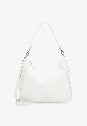 Bolso de mano de cuero blanco con forma de media luna, con correa de hombro desmontable y cierres plateados, con un pequeño logo en relieve en el frente.