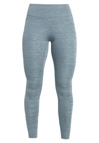 Elastyczne, wysokie legginsy w stonowanym niebieskim kolorze z teksturowanym, heatherowanym wzorem. Gładki materiał bez widocznych zamków ani akcentów.