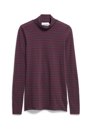 Langarm turtleneck shirt in donkerrood met grijze horizontale strepen. Zachte stof, comfortabele pasvorm, met een omgeslagen halslijn en zijsplitten.