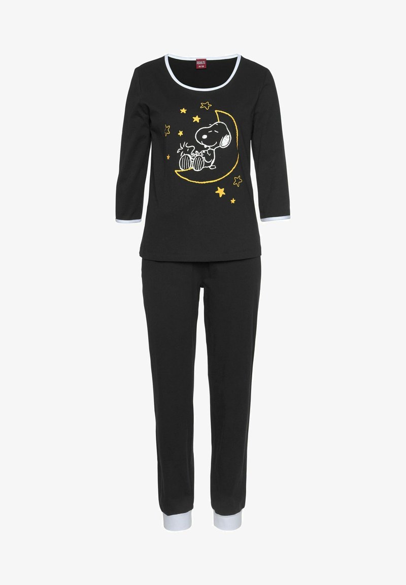 Black pajama set with 3/4 sleeves, featuring a Snoopy print on the top, accented with yellow stars and a moon, and white cuffs on sleeves and pants.