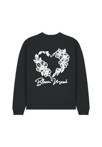 Felpa nera con un design a forma di cuore floreale bianco e il testo "Bloom Mood" sotto. Realizzata in tessuto morbido con polsini e orlo a costine.