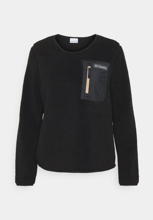 Zwarte fleece trui met lange mouwen, ronde hals en een borstzak met ritssluiting; zachte textuur en casual ontwerp.