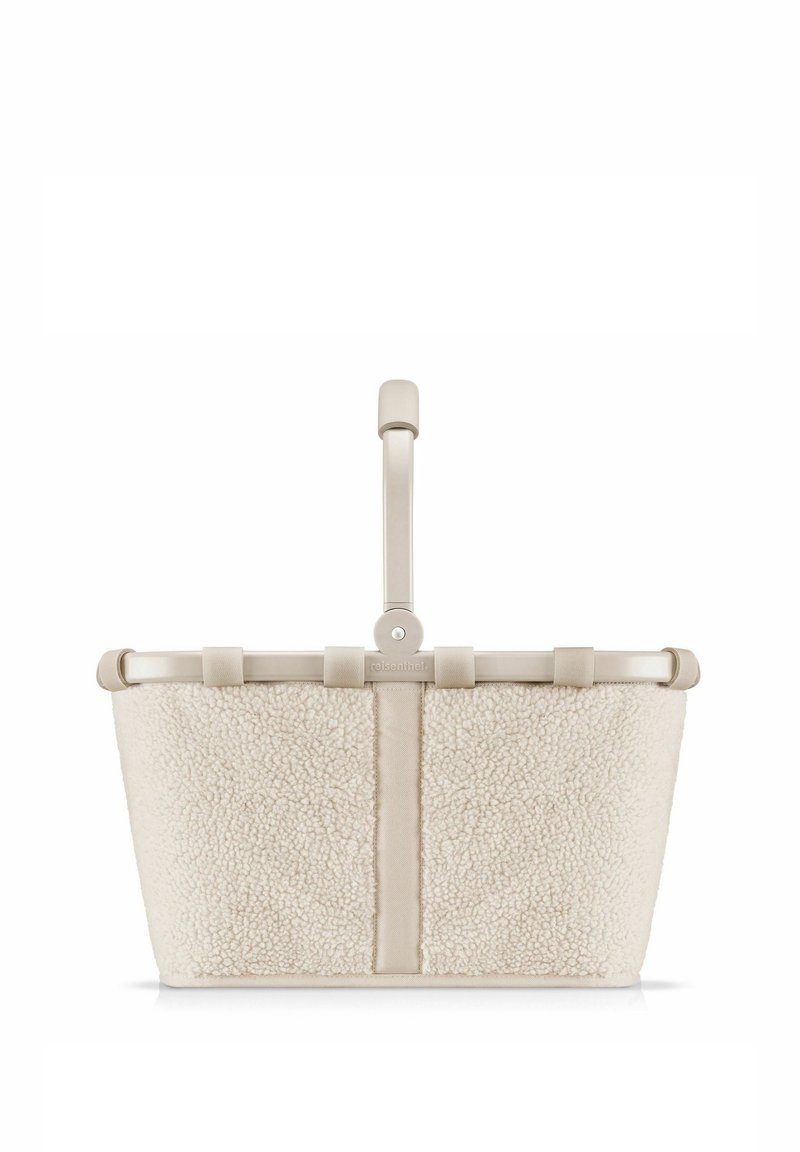 Beige Wolle Einkaufstasche mit strukturiertem Außenmaterial, flachem Boden und elegantem Griff. Sie verfügt über einen einfachen Verschluss und minimale Hardwareakzente.