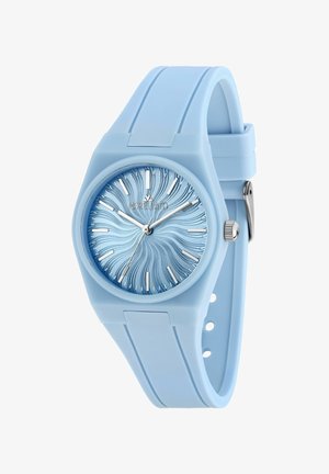 Orologio da polso azzurro chiaro con quadrante a motivo a vortice testurizzato, indicatori delle ore argentati, lancette argentate e cinturino in silicone con fibbia metallica.