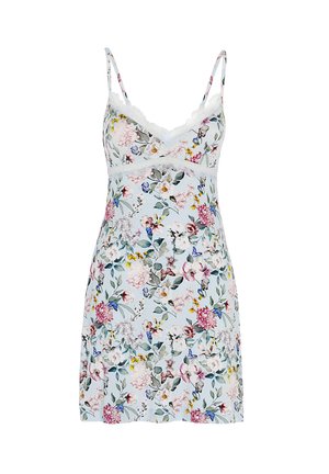 Vestito da notte con stampa floreale, spalline sottili, dettagli in pizzo, scollatura a V e uno sfondo azzurro chiaro, con vari fiori colorati e farfalle.
