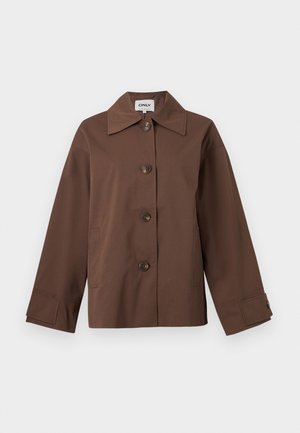 Καφέ σακάκι με κουμπιά, φαρδύ γιακά, μακριά μανίκια και δύο πλαϊνές τσέπες, παρουσιάζεται σε απλό φωτεινό φόντο.