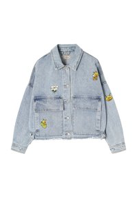Lichtblauwe spijkerjack met een cropped fit, voorzien van vier zakken en meerdere kleurrijke geborduurde patches van bloemen en bijen.