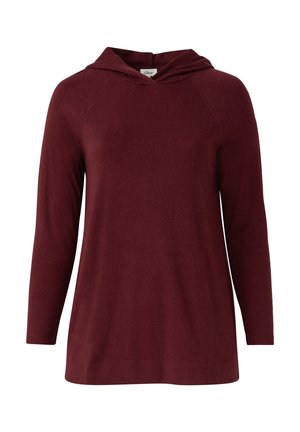 Burgundy hooded long-sleeve top with raglan sleeves, soft fabric, and a relaxed fit. Features a front kangaroo pocket and stitched hem.