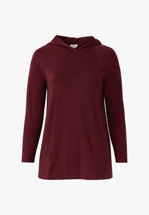 Burgundowa długorękawowa bluzka z kapturem, z rękawami raglanowymi, z miękkiego materiału i luźnym krojem. Posiada przednią kieszeń kangurkę i wykończenie szwami.
