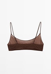 Brun mesh bralette med tynde justerbare stropper, der har en glat tekstur og et minimalistisk design. Ingen polstring eller bøjle inkluderet.