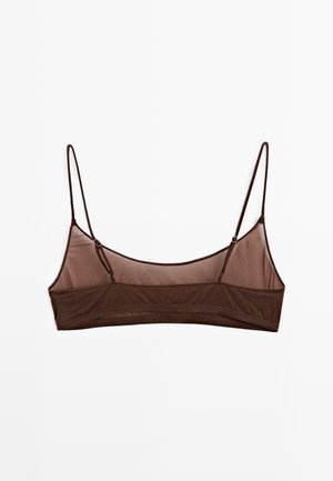 Bralette en résille marron avec des bretelles fines et ajustables, présentant une texture lisse et un design minimaliste. Pas de rembourrage ni d'armature.