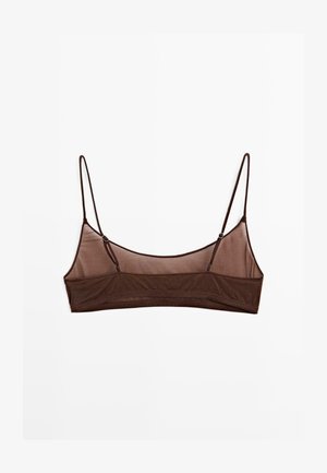 Bralette en résille marron avec des bretelles fines et ajustables, présentant une texture lisse et un design minimaliste. Pas de rembourrage ni d'armature.