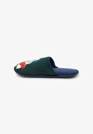 Chausson avec une tige en suede vert, doublure texturée bleue et un graphisme de cartoon sur la zone des orteils. Design à dos ouvert pour un enfilage facile.
