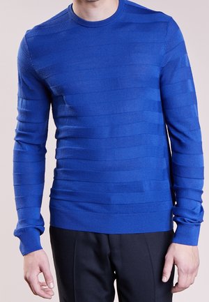 Homme portant un pull bleu ajusté à manches longues avec de fines rayures horizontales, associé à un pantalon noir, visible du cou aux hanches.