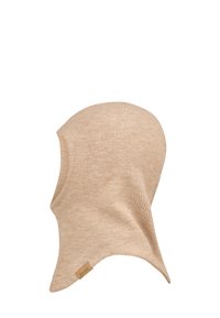 Beige gerippte Balaclava aus weichem Material mit nahtlosem Design, rundem Oberteil und Etikett am unteren Rand.