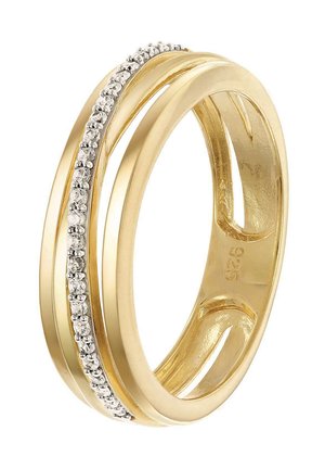Gold ring with two intertwined bands. One band features a row of small, clear stones. Inside engraved with "925" indicating silver content.