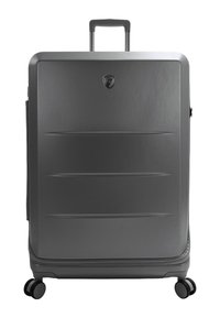 Hartschalenkoffer in mattem Grau mit strukturiertem Finish, einem ausziehbaren Griff und vier schwarzen Spinner-Rädern für einfache Mobilität.