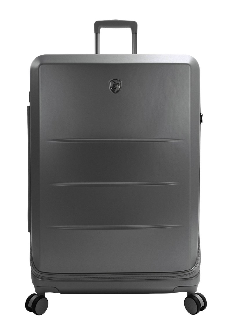 Hartschalenkoffer in mattem Grau mit strukturiertem Finish, einem ausziehbaren Griff und vier schwarzen Spinner-Rädern für einfache Mobilität.