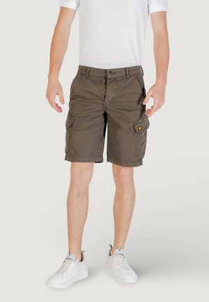 Pantaloni cargo marroni con tasche frontali, tasche laterali e chiusura con bottone. Realizzati in un tessuto resistente con una trama liscia.