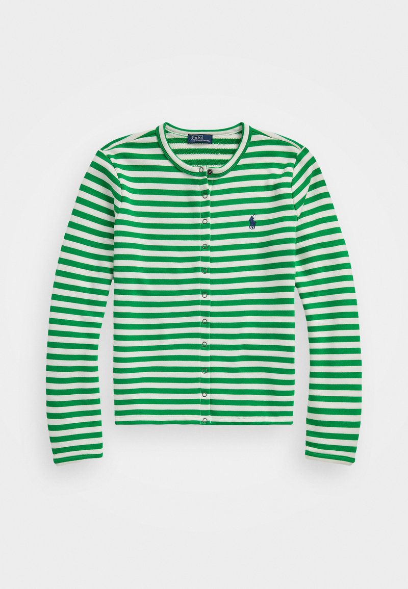 Green and white striped cardigan with long sleeves, round neckline, and front buttons. Features a navy logo on the left chest.