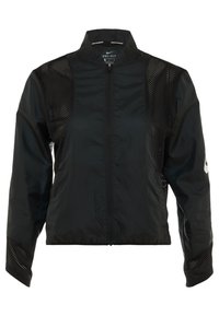 Giacca da corsa leggera nera Nike Dri-FIT con maniche lunghe, zip frontale, pannelli in rete sulle spalle e sulle maniche, e logo Nike sul braccio sinistro.
