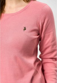 Roze trui met een ronde hals, zachte textuur en een klein geborduurd logo op de borst. Lange mouwen met ribgebreide manchetten.