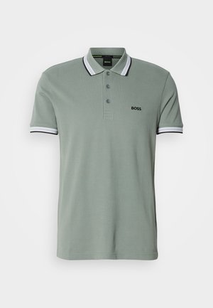 Light green polo shirt featuring a classic collar, three-button placket, and striped accents on the sleeves. "BOSS" logo on the chest.
