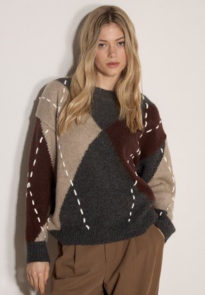 Apricot, ARGYLE DIAMOND COLOUR BLOCK JUMPER - Jersey de punto - dark grey charcoal