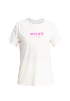 Witte T-shirt met korte mouwen en ronde hals. Beschikt over een roze grafisch logo "ROXY" op de voorkant. Glad materiaal, ontspannen pasvorm.