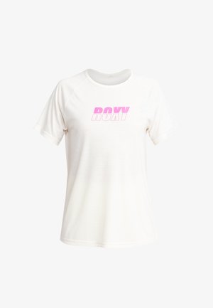 Witte T-shirt met korte mouwen en ronde hals. Beschikt over een roze grafisch logo "ROXY" op de voorkant. Glad materiaal, ontspannen pasvorm.