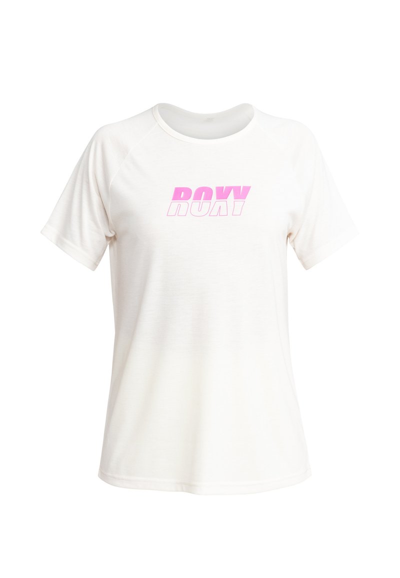 Witte T-shirt met korte mouwen en ronde hals. Beschikt over een roze grafisch logo "ROXY" op de voorkant. Glad materiaal, ontspannen pasvorm.