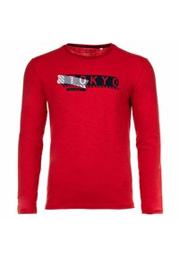 Rode lange mouwen T-shirt gemaakt van katoen, met een grafisch ontwerp met het woord "TOKYO" in zwart-witte accenten. Ronde hals.