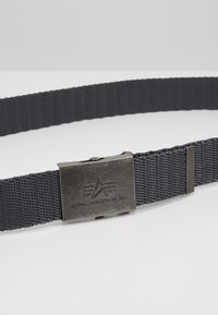 Ceinture tissée grise dotée d'une boucle en métal robuste avec l'inscription "ALPHA INDUSTRIES USA" et un motif décoratif sur le fermoir.