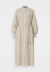 Beige, long-sleeve dress with a textured plant pattern, button front, high collar, and a tie belt at the waist. Lace trim at the cuffs.