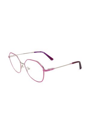 Occhiali sottili con montatura metallica, bordi geometrici rosa e lenti trasparenti, con terminali delle aste viola.