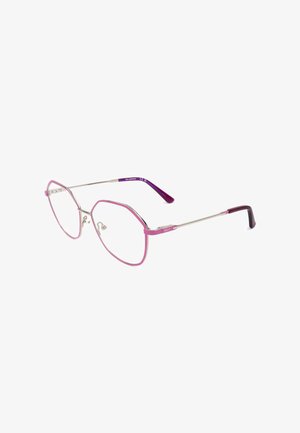 Occhiali sottili con montatura metallica, bordi geometrici rosa e lenti trasparenti, con terminali delle aste viola.