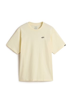 Gelbes Baumwoll-T-Shirt mit klassischem Rundhalsausschnitt, kurzen Ärmeln und einem kleinen schwarzen Logo-Akzent auf der Brust. Weicher Stoff, lockere Passform.