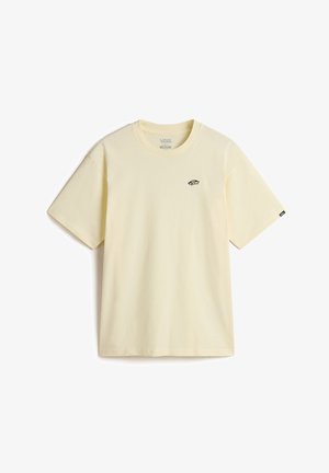 T-shirt di cotone giallo con collo girocollo classico, maniche corte e un piccolo accento con logo nero sul petto. Tessuto morbido, vestibilità rilassata.